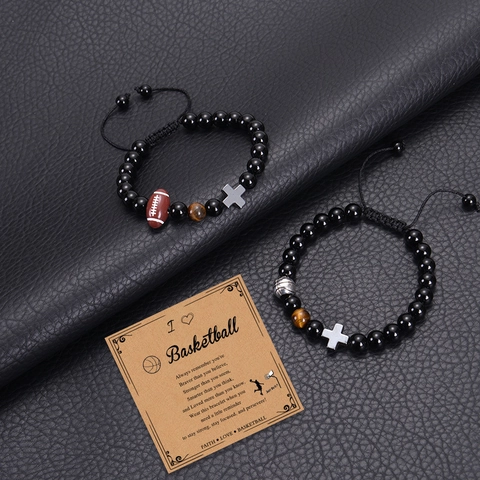 Bracciale Perline Sport Ossidiana Occhio Di Tigre Intrecciato Mano Regolabile Croce Basket Calcio Charm Per Uomini Ragazzi