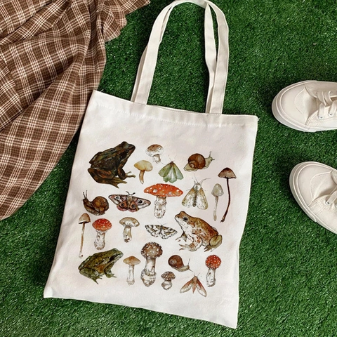 Borsa Tote in Tela con Stampa Botanica di Funghi e Piante Harajuku Vintage Borsa a Spalla Casual di Grande Capacità per Donne Studenti