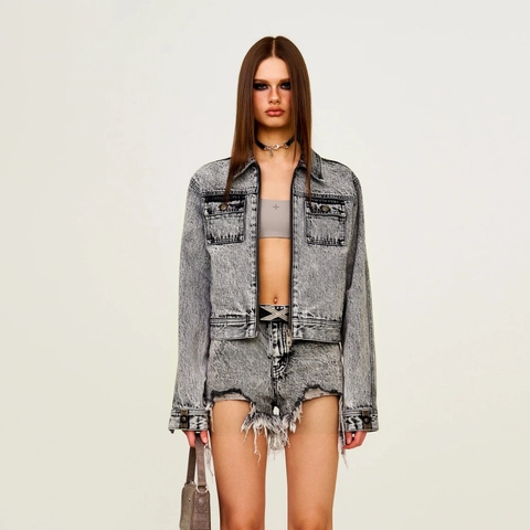 Giacca Di Jeans Donna Cotone Lavaggio Acido Corta Cerniera Streetwear Retrò