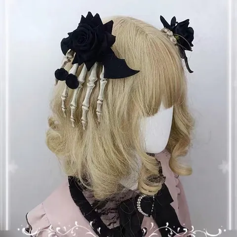Gotische Skelethand Haarklem Met Hars Bot En Stof Roos Halloween Vleermuisvleugel Accessoire Voor Dames