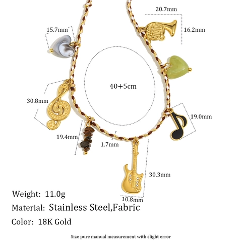 Musikthema Anhänger Halskette Mit Gitarre Horn Note Gold Vergoldeter Edelstahl Geflochtenes Seil Herzperlen Für Damen