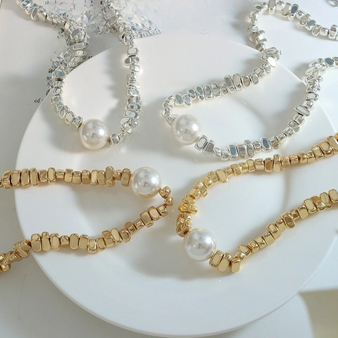 Collar de Perlas Artificiales con Cuentas Irregulares de Acero Inoxidable Minimalista Vintage Francés para Mujer Joyería