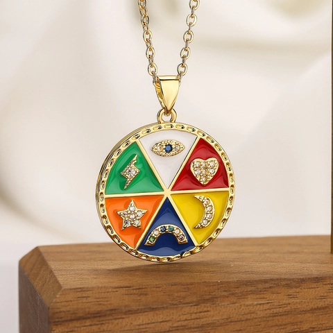 Bohemian Gold Plated Copper Necklace Round Colorful Enamel Pendant Cubic Zirconia Evil Eye Moon Star Fashion Jewelry For Women