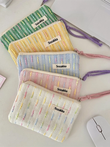 Gestrickte Tweed Kosmetiktasche Bunte Streifen Kosmetikbeutel Tragbarer Organizer Für Lippenstift Kopfhörer Damen