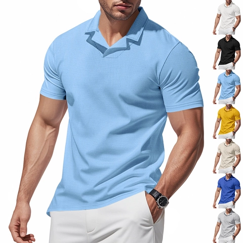 Polo en Tricot Gaufre pour Homme Été Manches Courtes Col en V Décontracté Haut de Mode Couleur Unie Respirant