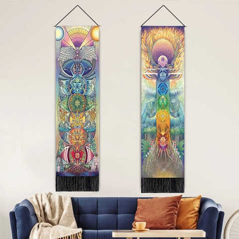 Bohemian Wall Hanging Tapestry Cotton Linen With Tassel Mystic Sun Moon Chakra Art For Bedroom Living Room Home Decor
