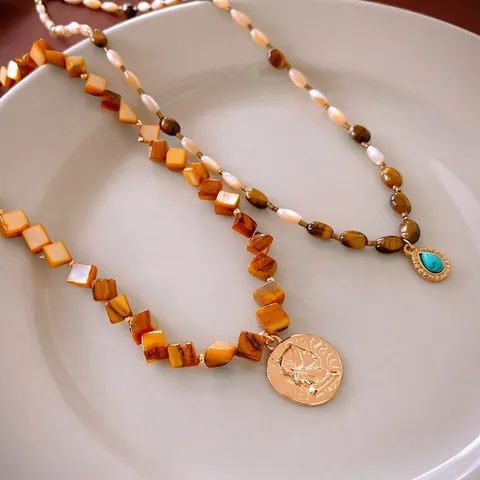 Vintage Beaded Necklace With Tiger Eye Stone Alloy Portrait Coin Turquoise Pendant Bohemian Jewelry For Women