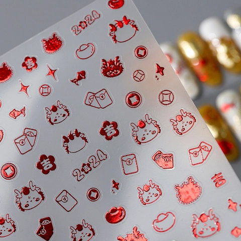 3D Relief Nail Art Stickers 2024 Chinese Dragon Year Metallic Gold Red Embossed Self Adhesive DIY Manicure Decorations