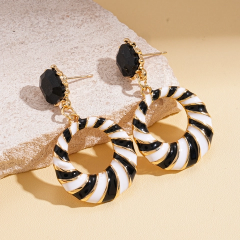 Orecchini Pendenti Geometrici Vintage Con Perno In Argento Sterling 925 Lega Strass Strisce Spirali Nero Bianco