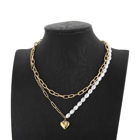 Collar De Doble Capa De Acero Inoxidable Chapado En Oro Con Colgante De Corazón Y Perla Artificial Cadena De Clavícula Para Mujer
