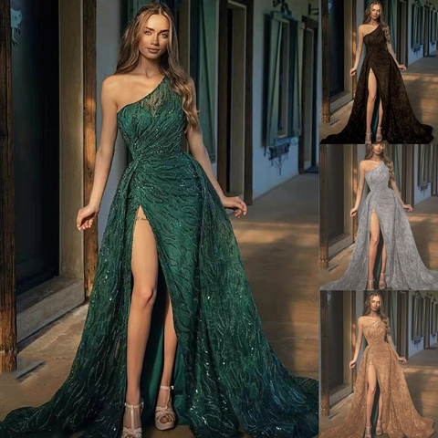 Elegant One-Shoulder Sequin Evening Dress For Women High Split Maxi Wedding Party Gown Western Style Formal Satin Dress