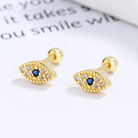 Evil Eye Stud Earrings 925 Sterling Silver With Blue White Cubic Zirconia Screw Back Small Piercing Jewelry For Women