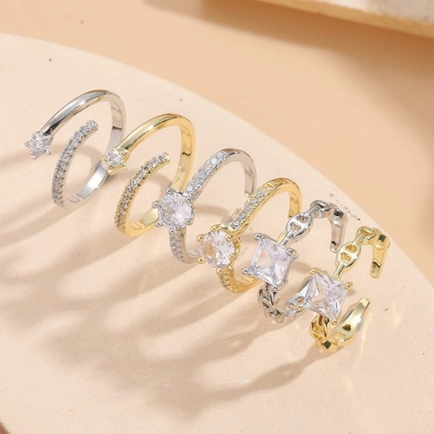 Geometric Cubic Zirconia Copper Open Rings 14K Gold Plated Adjustable Finger Band Luxury Fashion Jewelry For Women