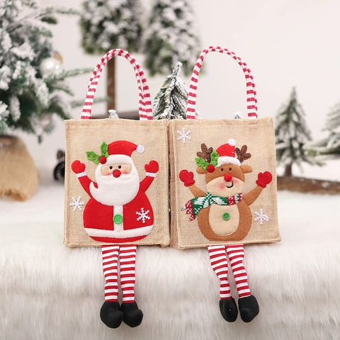 Weihnachten Jute Geschenktüte Mit Langen Gestreiften Beinen Weihnachtsmann Schneemann Rentier Baum 3D Applikation Festliche Tasche