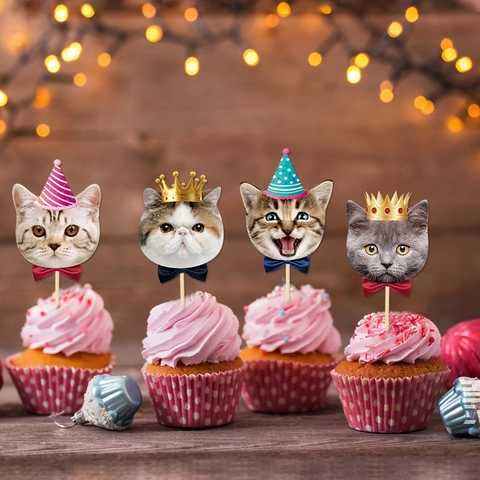 Katzen Tortendeko Papier Karten Cupcake Spieße Mit Partyhüten Kronen Fliegen Für Geburtstagsfeier Dessert Dekoration DIY
