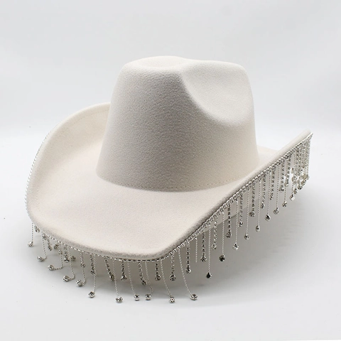 Chapeau De Cow-Boy Western En Laine Strass Franges Glands Scintillants Style Disco Pour Femmes