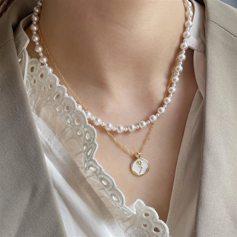Collana Con Pendente Fiore Di Rosa Vintage Francese Smalto Placcato Oro Rame Gioielli Eleganti Per Donna