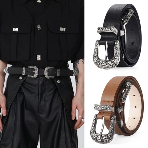 Cintura Cowboy Western Vintage Da Donna Pelle PU Doppia Fibbia Lega Intagliata Floreale Stile Boho Per Jeans