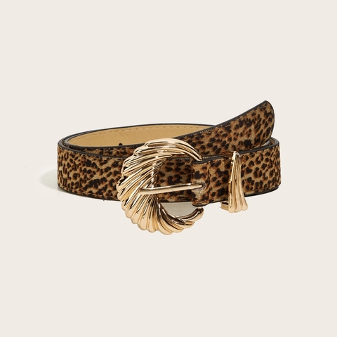 Women Leopard Print PU Leather Belt Gold Tone Alloy Buckle Retro Fashion Waistband For Jeans