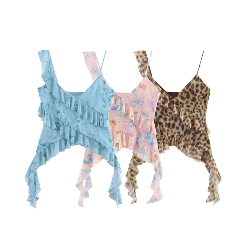 Damen Top Mit Gestuften Volants Asymmetrische Träger Mesh Floral Leopard Print Sexy Bauchfreies Oberteil