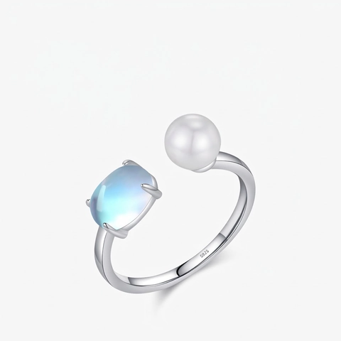 Elegant 925 Sterling Silver Adjustable Open Ring With White Artificial Pearl And Oval Moonstone French Style For Women