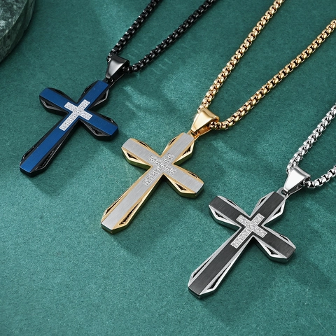 Collar Con Colgante De Cruz Para Hombre Acero Inoxidable Color Contrastado Cepillado Con Centro De Circón Joyería Religiosa Regalo