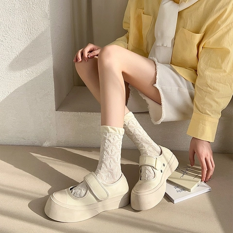 Women Mid Calf Socks Polyester Knit Lace Trim Ruffle Edge Sweet JK Academy Style Solid Color Breathable Kawaii Hosiery