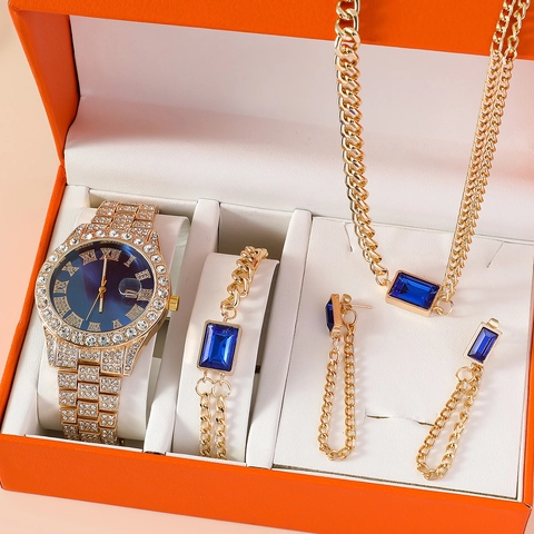 Fashion Luxury Women Watch Set With Necklace Bracelet Earrings Stainless Steel Alloy Rhinestone Quartz Watch Jewelry Gift Set