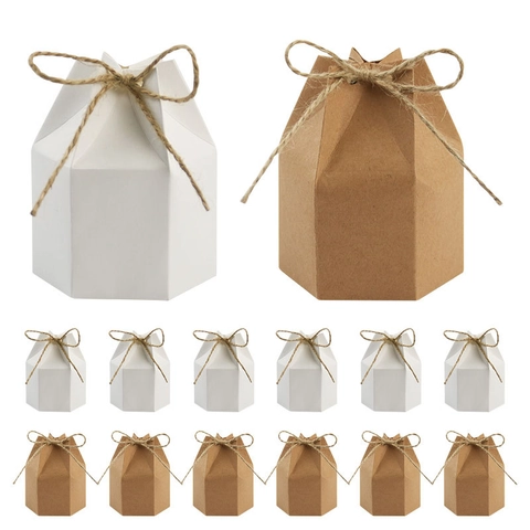 Hexagonal Kraft Paper Gift Box With Hemp Rope Foldable Candy Packaging Boxes European Vintage Style Wedding Party Favor