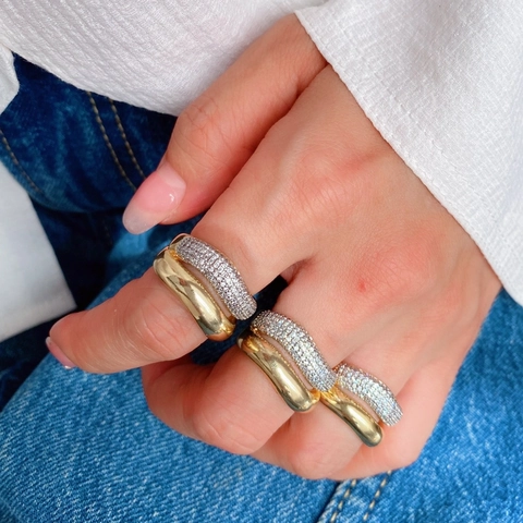 Geometric Double Layer Ring Copper Plated 18K Gold Inlaid Zircon Adjustable Opening Minimalist Jewelry For Women