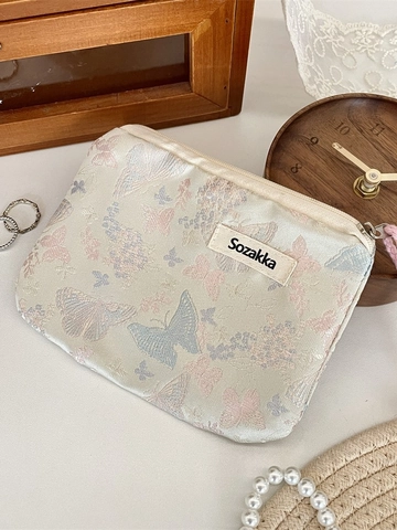 Beauty Case In Jacquard Con Farfalla Mini Pochette Portaoggetti Portatile Con Cerniera E Cordino Intrecciato Estetica Vintage