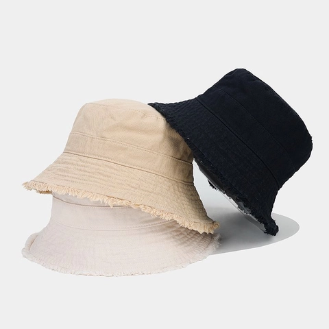 Sombrero De Pescador Algodón Bordes Deshilachados Protección Solar Verano Estilo Japonés Color Sólido Mujer