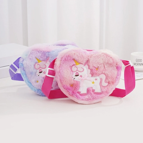 Kids Plush Heart Shaped Crossbody Bag Unicorn Embroidered Rainbow Gradient Cute Small Shoulder Bag For Girls