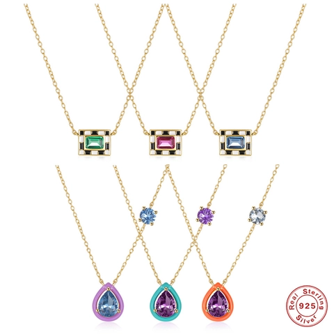 Collana Donna Argento Sterling 925 Placcato Oro Zircone Rettangolare Goccia Pendente Smalto Scacchiera Catena Clavicola