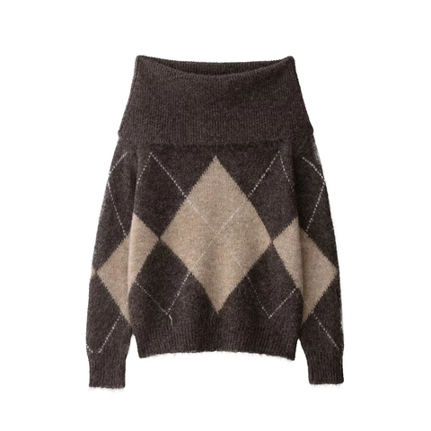 Maglione In Maglia Argyle Donna Manica Lunga Retro Soffice Pullover Top Poliestere Morbido Vestibilità Ampia Jumper Invernale