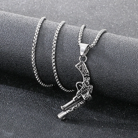 Collar Con Colgante De Pistola Revólver Acero Inoxidable Relieve Tallado Hip Hop Punk Vintage Joyería Streetwear Para Hombre