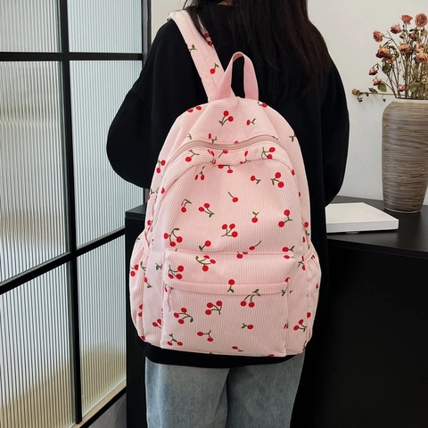 Zaino In Velluto A Coste Stampa Ciliegie Cartella Scolastica Stile Dolce Grande Capacità Per Studenti Con Ciondolo In Peluche
