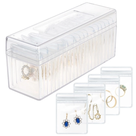 Transparent Acrylic Jewelry Storage Box Set With 20 Anti Oxidation PVC Ziplock Bags For Earrings Necklaces Organizer Case