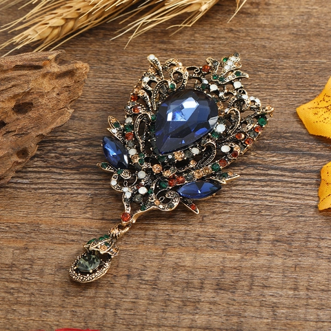 Spilla a Goccia d'Acqua in Lega Vintage Ciondolo Filigrana Traforata Con Strass Blu per Donna Gioielli Spilla per Abito Retrò