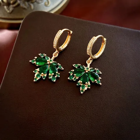 Maple Leaf Huggie Earrings Gold Plated Copper With Green Cubic Zirconia And Silver Earring Post Vintage Jewelry For Women