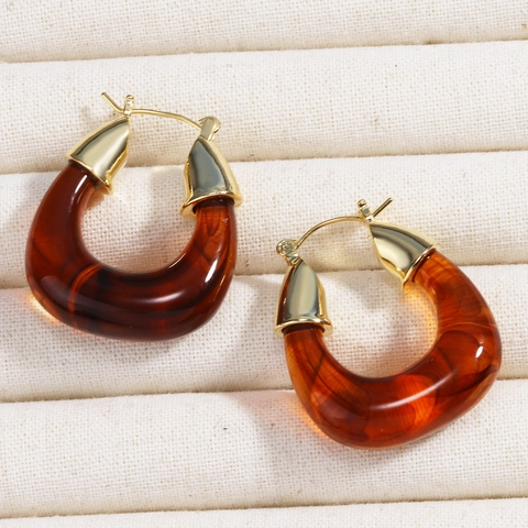 Retro U-Shaped Hoop Earrings For Women Amber Tortoiseshell Resin Geometric Irregular Alloy Vintage Fashion Jewelry