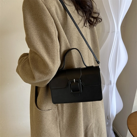 Women Retro PU Leather Small Square Bag Large Buckle Flap Shoulder Crossbody Handbag Minimalist Fashion For Daily Use
