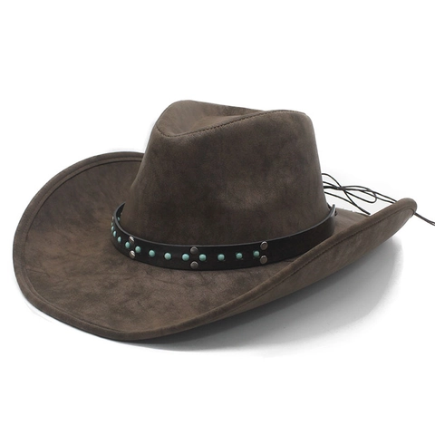 Western Cowboy Hat PU Suede Wide Brim Ethnic Turquoise Bead Leather Band Sun Protection Retro For Outdoor Men Women
