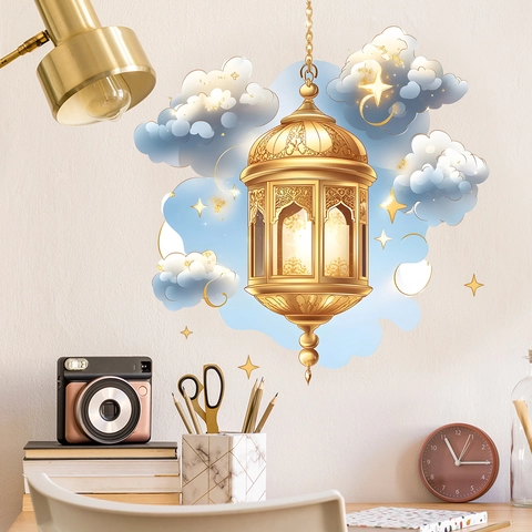 Pegatina De Pared Ramadan Eid Linterna Dorada Nubes Azules Luna Estrellas Calcomanía De PVC Para Decoración Del Hogar