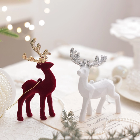 Christmas Reindeer Figurine Ornaments Flocking PVC With Glitter Antlers Festive Desktop Decoration Hanging Pendants For Holiday Party