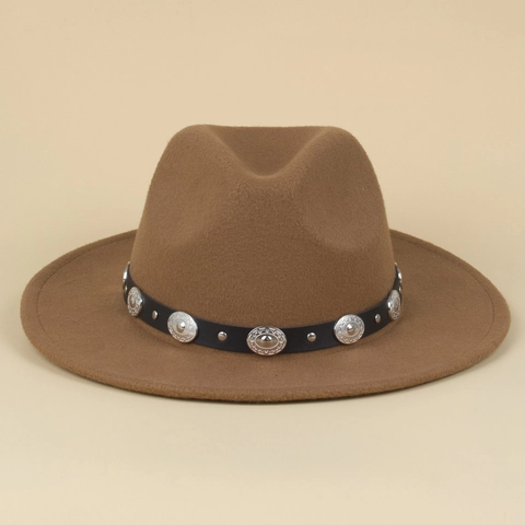 Wide Brim Fedora Hat Woolen Felt Western Cowboy Jazz Hat With Leather Band Silver Metal Rivets Vintage Punk Style