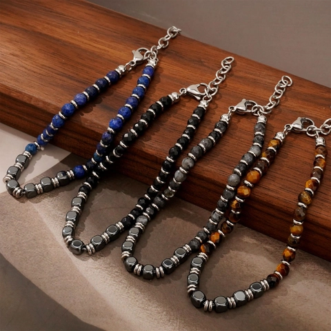 Pulsera Cuentas Piedra Natural Ojo De Tigre Ágata Lapislázuli Cierre Acero Inoxidable Hematita Para Hombres Unisex