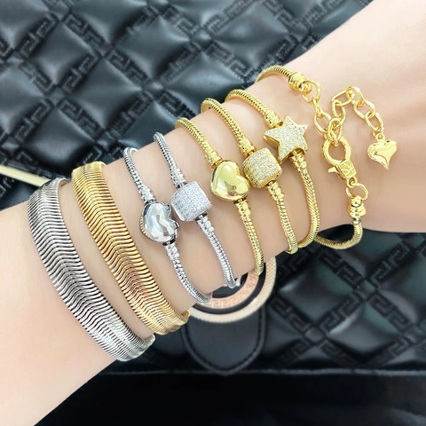 Copper Gold Plated Snake Chain Bracelet Heart Star Pendants Cubic Zirconia Fashion Jewelry For Women