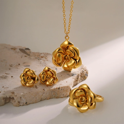 Floral Flower Stud Earrings And Necklace And Ring For Women 18K Gold Plated Stainless Steel Vintage Elegant Jewelry