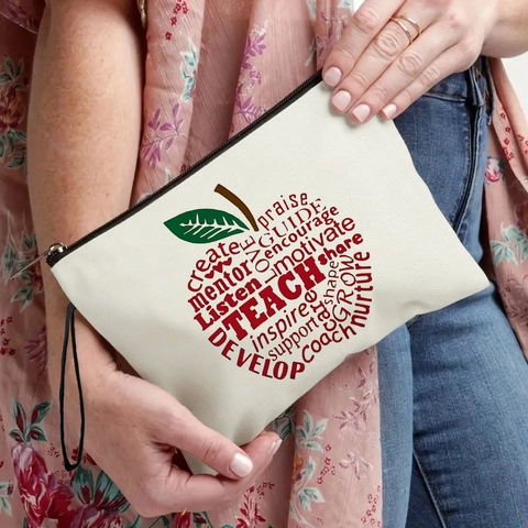 Regalo Apprezzamento Insegnante Borsa Trucco Imitazione Lino Mela Nuvola Di Parole Pochette Con Cerniera Cancelleria